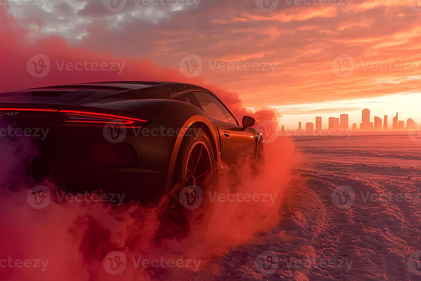 A sleek sport car driving through snow-covered terrain at sunset, with the warm glow of the setting sun casting dramatic shadows on the snowy landscape photo