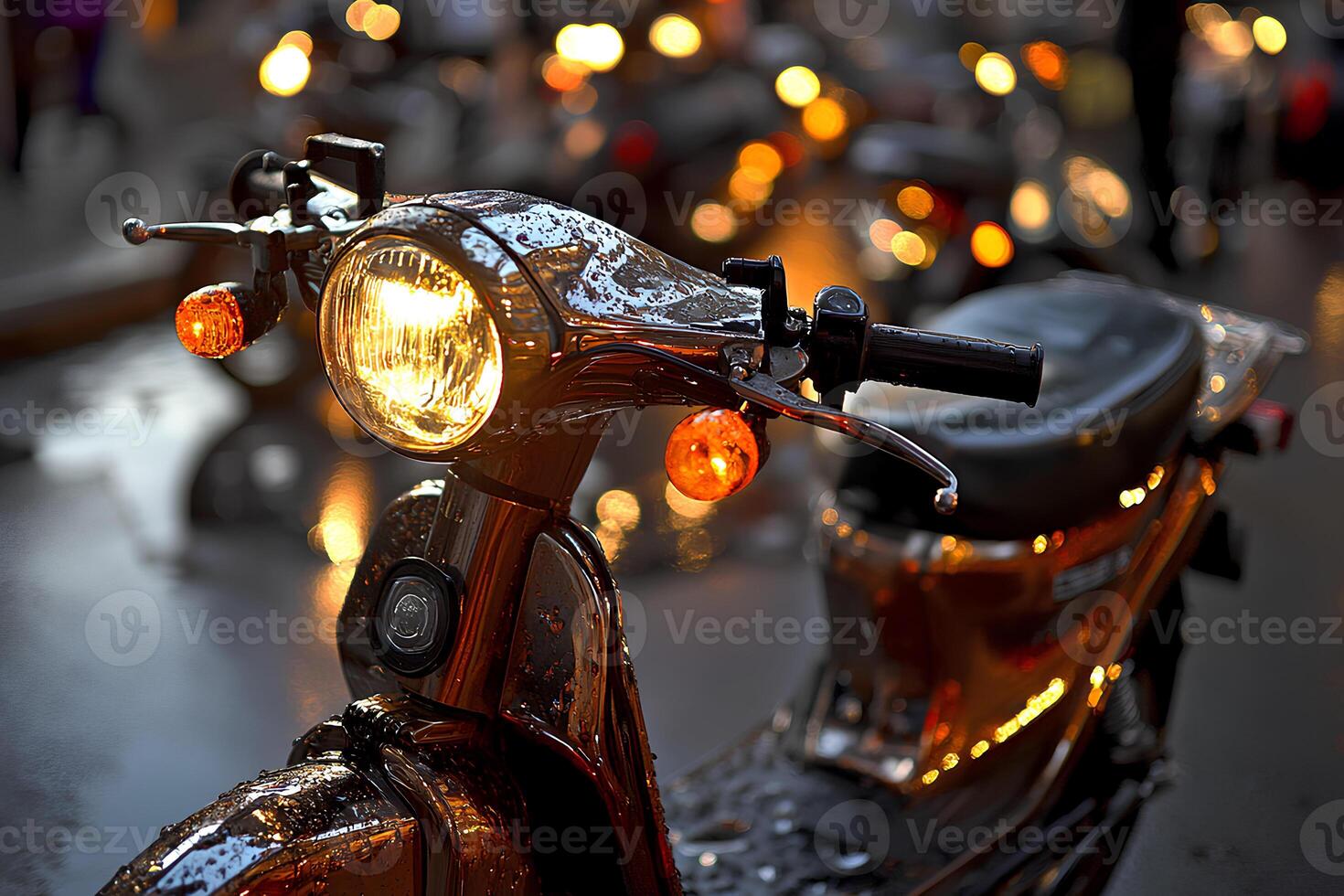 A vintage scooter parked on a city street at night, illuminated by streetlights with a blurred background, showcasing the charm of retro transportation in an urban setting photo