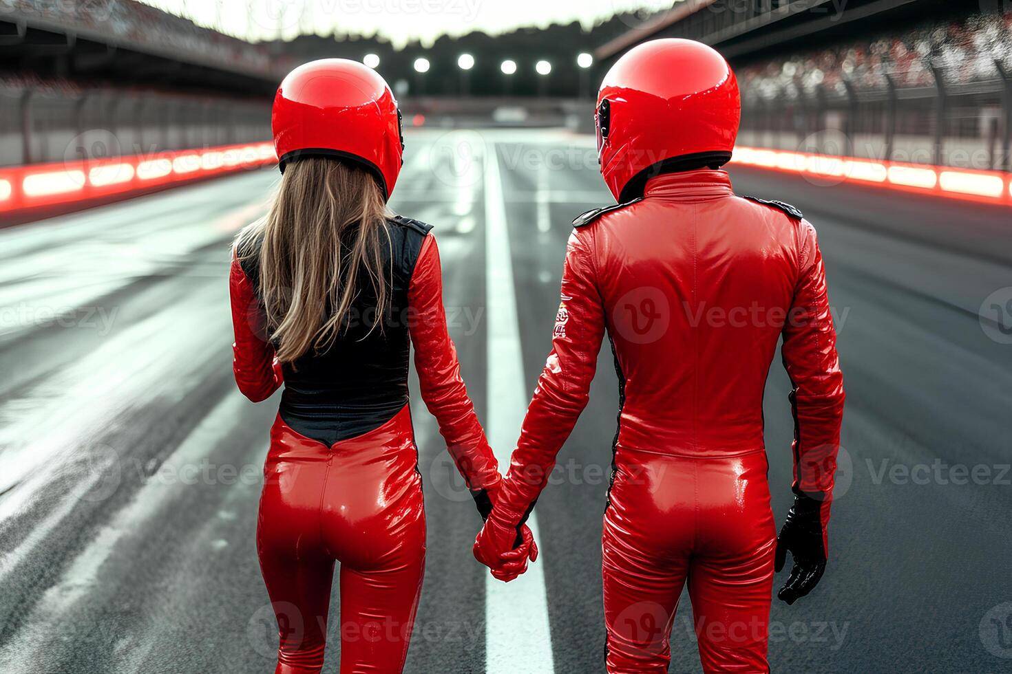 A touching moment captured from the rear view of two female friends dressed in matching red suits, standing back to back and holding hands, symbolizing unity and friendship photo
