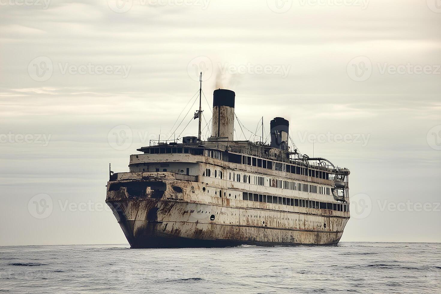 A vintage-style toned photograph of an old abandoned ship floating in the sea, evoking a sense of mystery and nostalgia photo