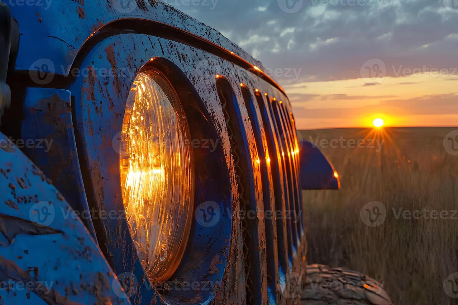 A close-up shot of a blue off-road vehicle parked during sunset, with the golden hues of the setting sun illuminating the vehicle and casting long shadows on the ground photo