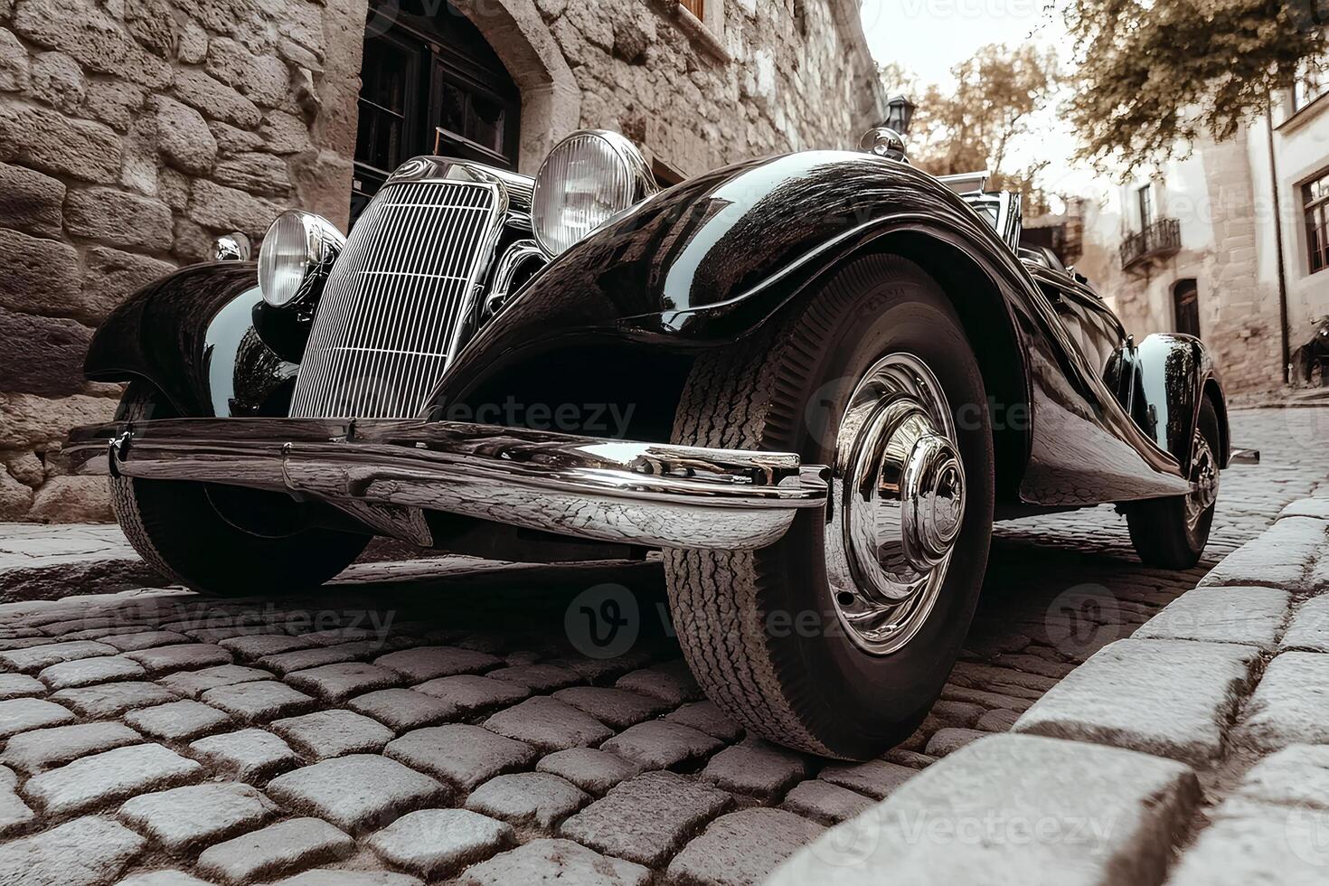 A charming vintage car parked on a cobblestone street in the Old Town of Prague, Czech Republic. The historic architecture of the city provides a picturesque backdrop, creating a perfect blend photo