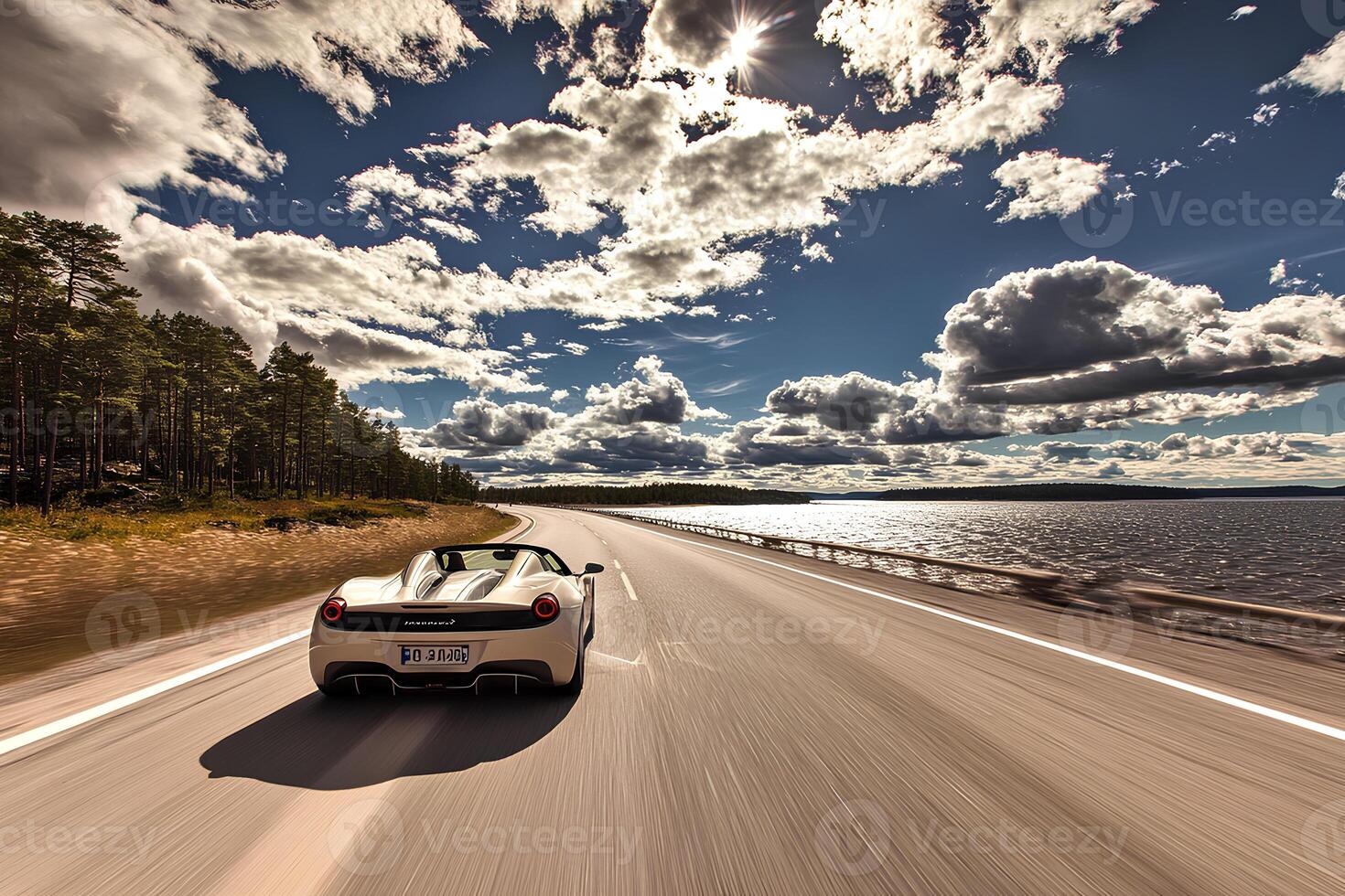 A sleek car cruising smoothly down the road, its engine purring softly, embodying power, elegance, and seamless performance in motion photo
