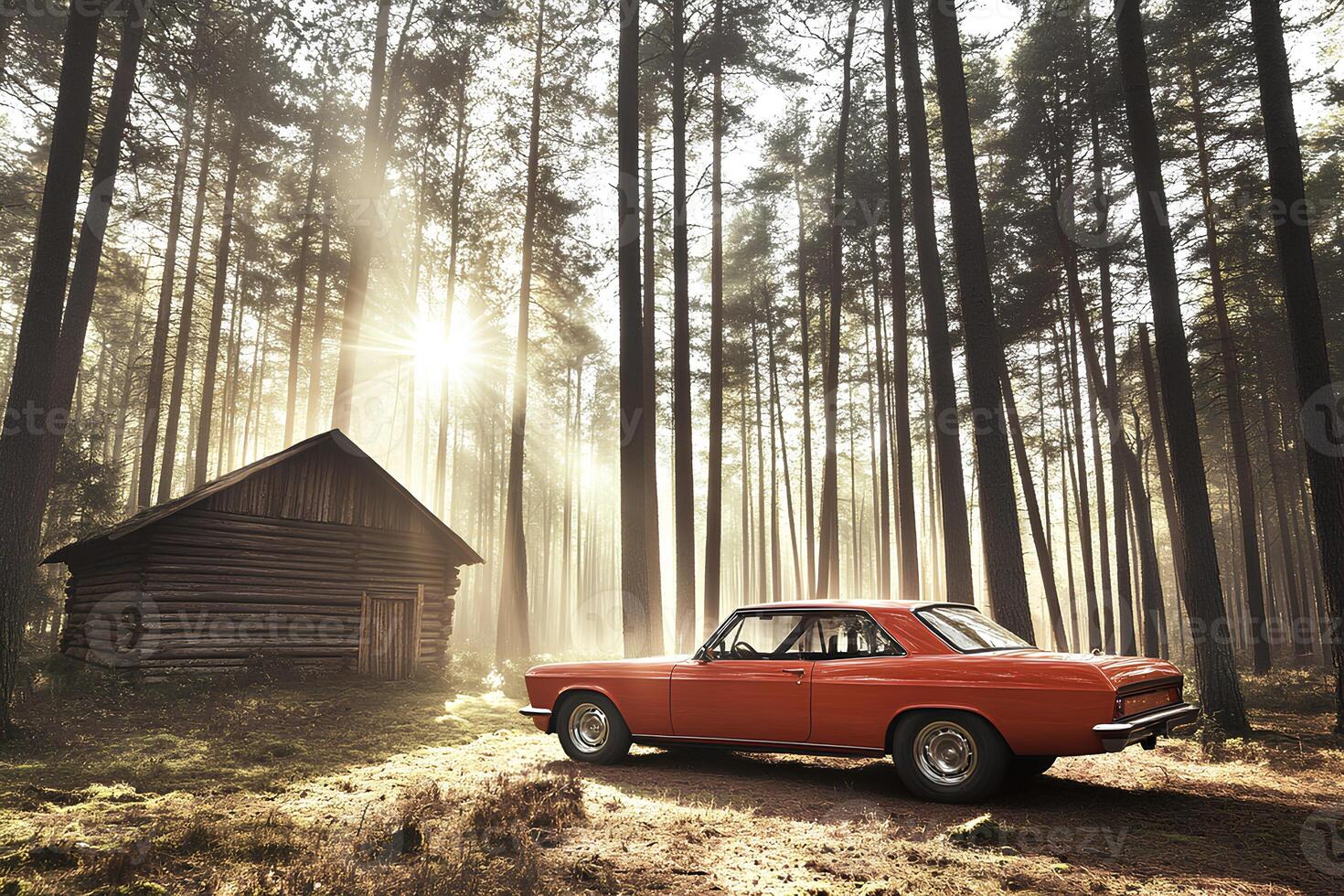 Classic vintage car parked among tall pine trees in a serene forest at sunrise with warm golden light photo