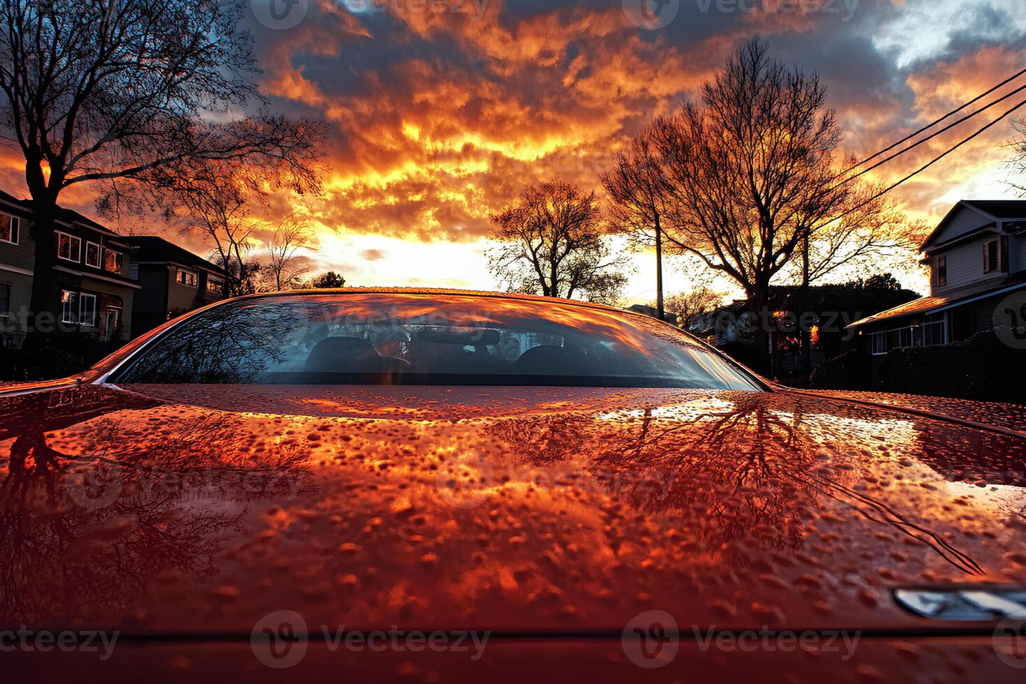 Stunning sunset viewed through the windshield of a red car, with vibrant orange clouds in the sky, creating a dramatic and colorful scene photo