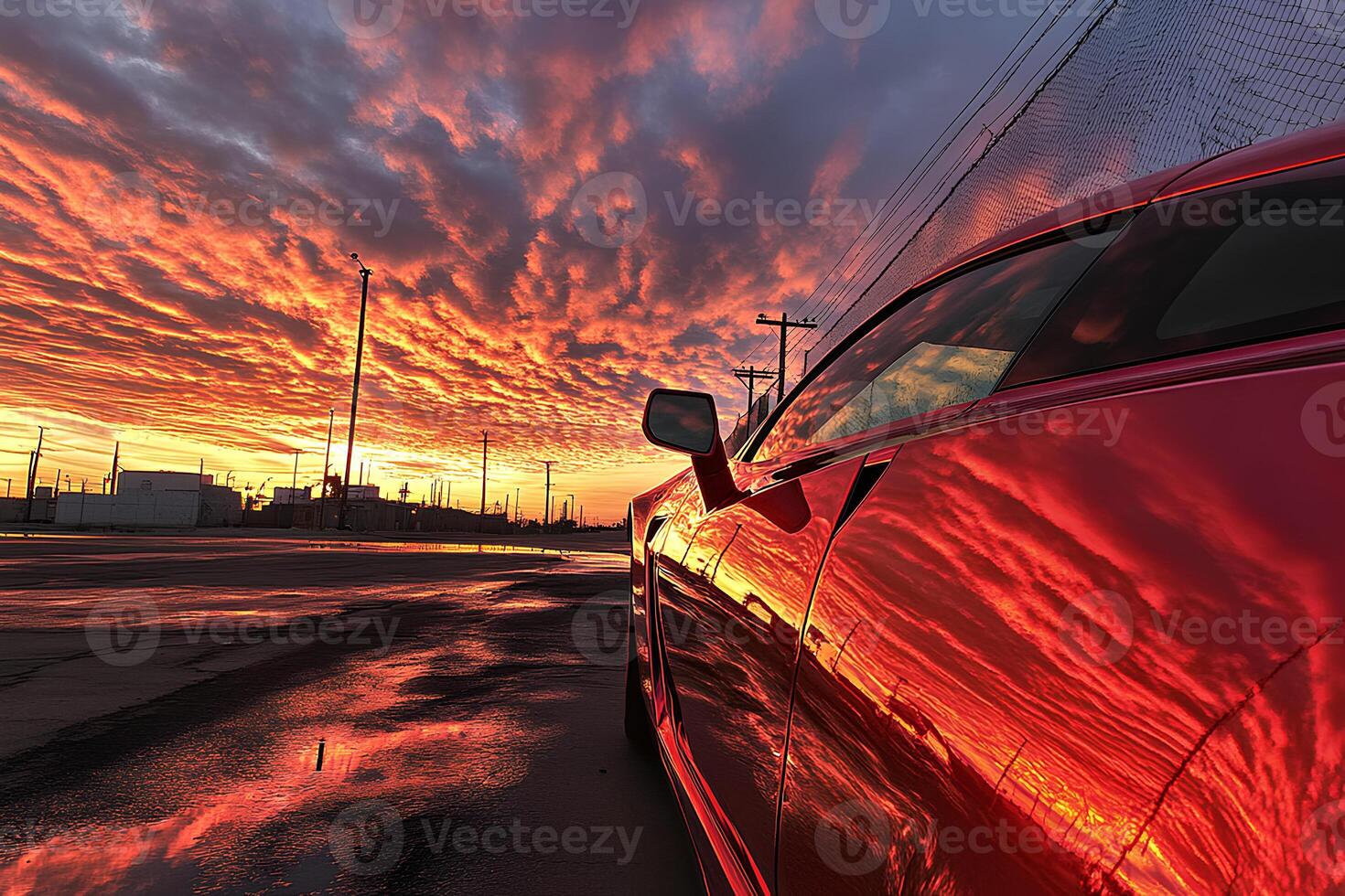 Vibrant red car driving through the city streets at sunset, with golden light casting long shadows over the road photo