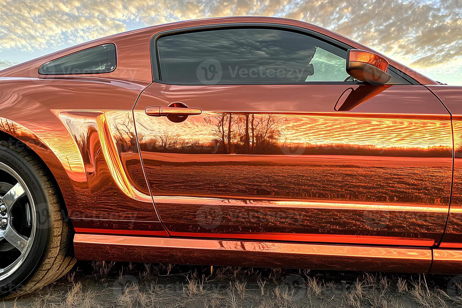 Sleek modern car parked in the middle of a vast open field, surrounded by nature and wide open space photo