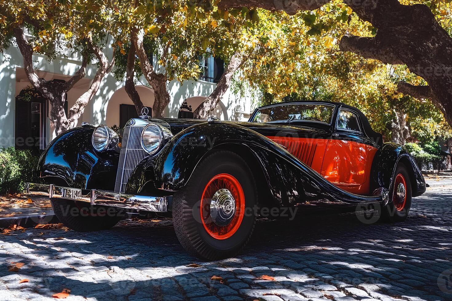 A vibrant classic car show in Santiago de Compostela, Spain, showcasing a collection of vintage vehicles. The event highlights the timeless beauty of classic cars set against the backdrop photo