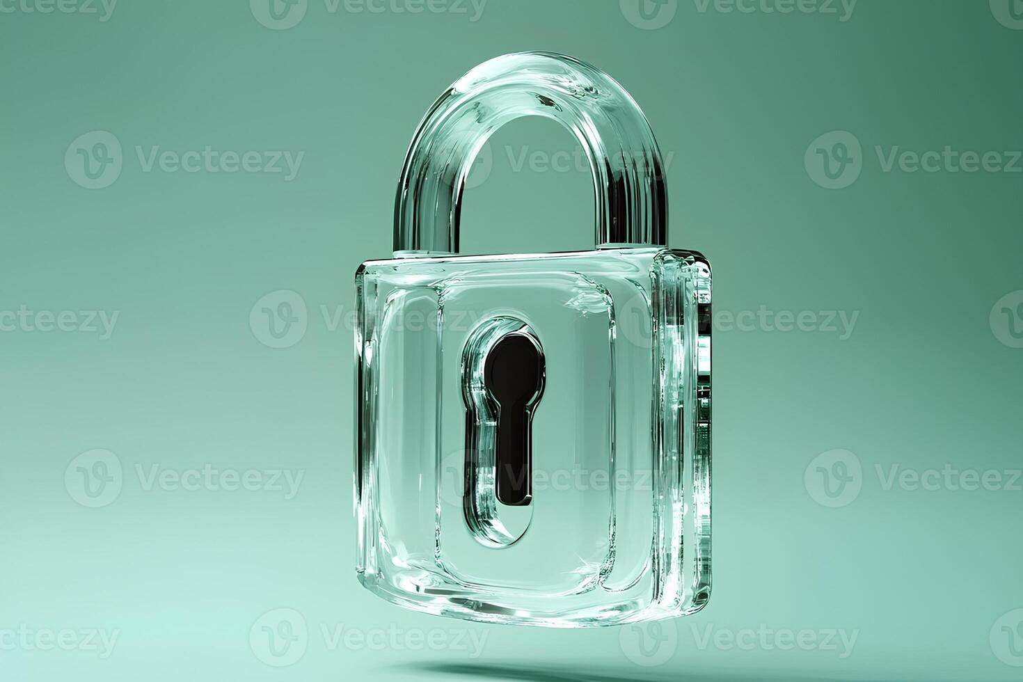 A transparent glass padlock placed on a vibrant green background, symbolizing security and protection photo