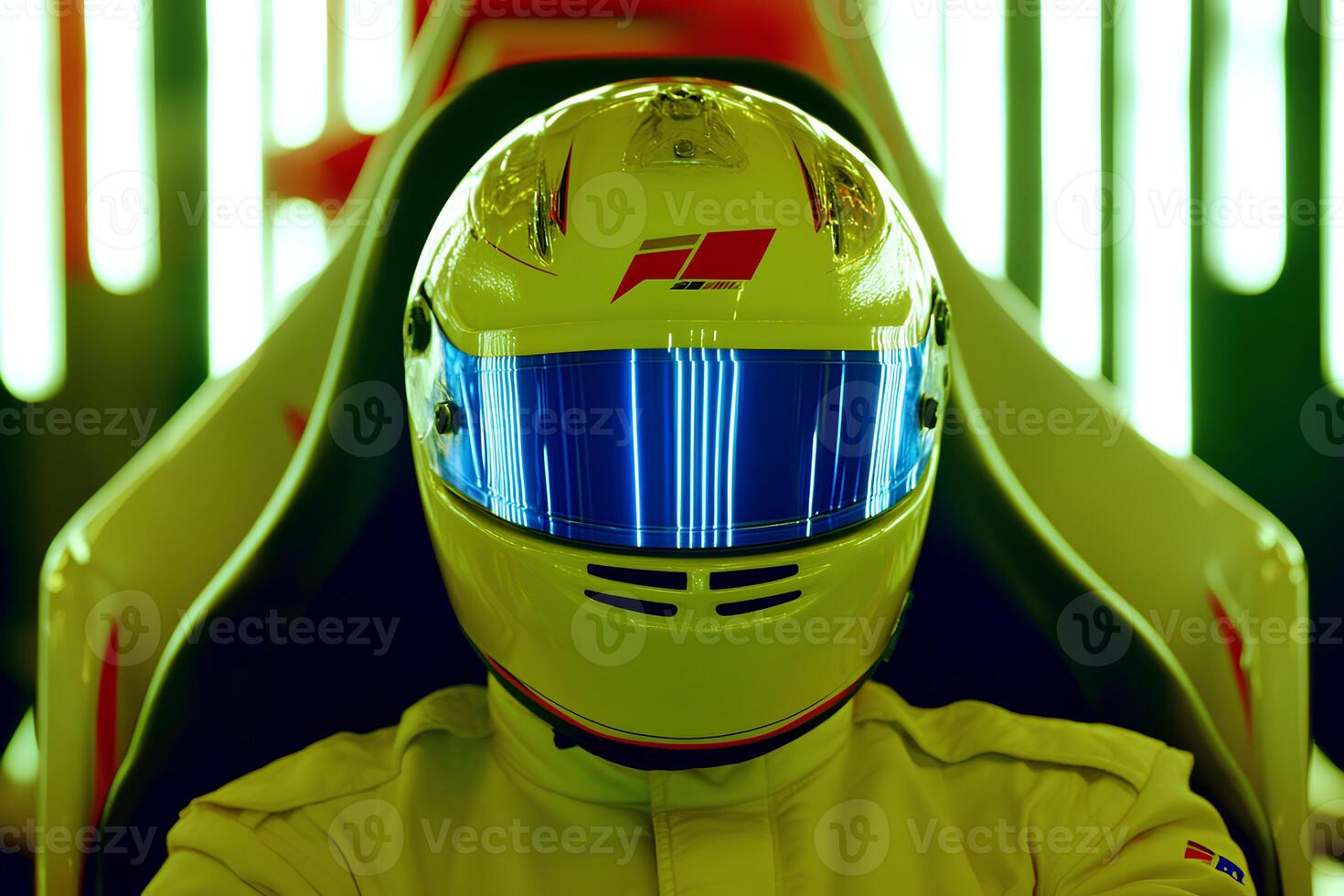 Close-up of a racing car helmet with a hangman figure inside, creating a striking visual photo