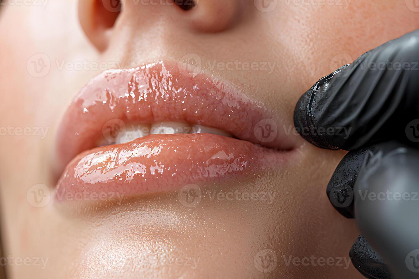 Close-up of a cosmetologist applying permanent makeup to the lips of a female client photo