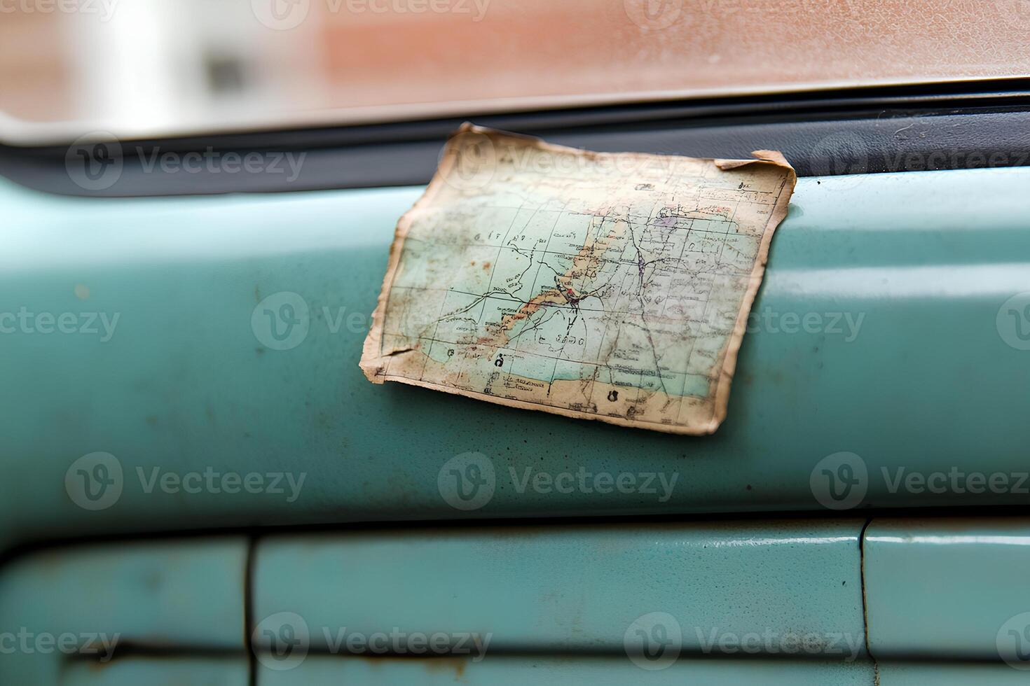 A close-up of an old, vintage map placed on a car window, capturing a nostalgic, timeless travel vibe photo