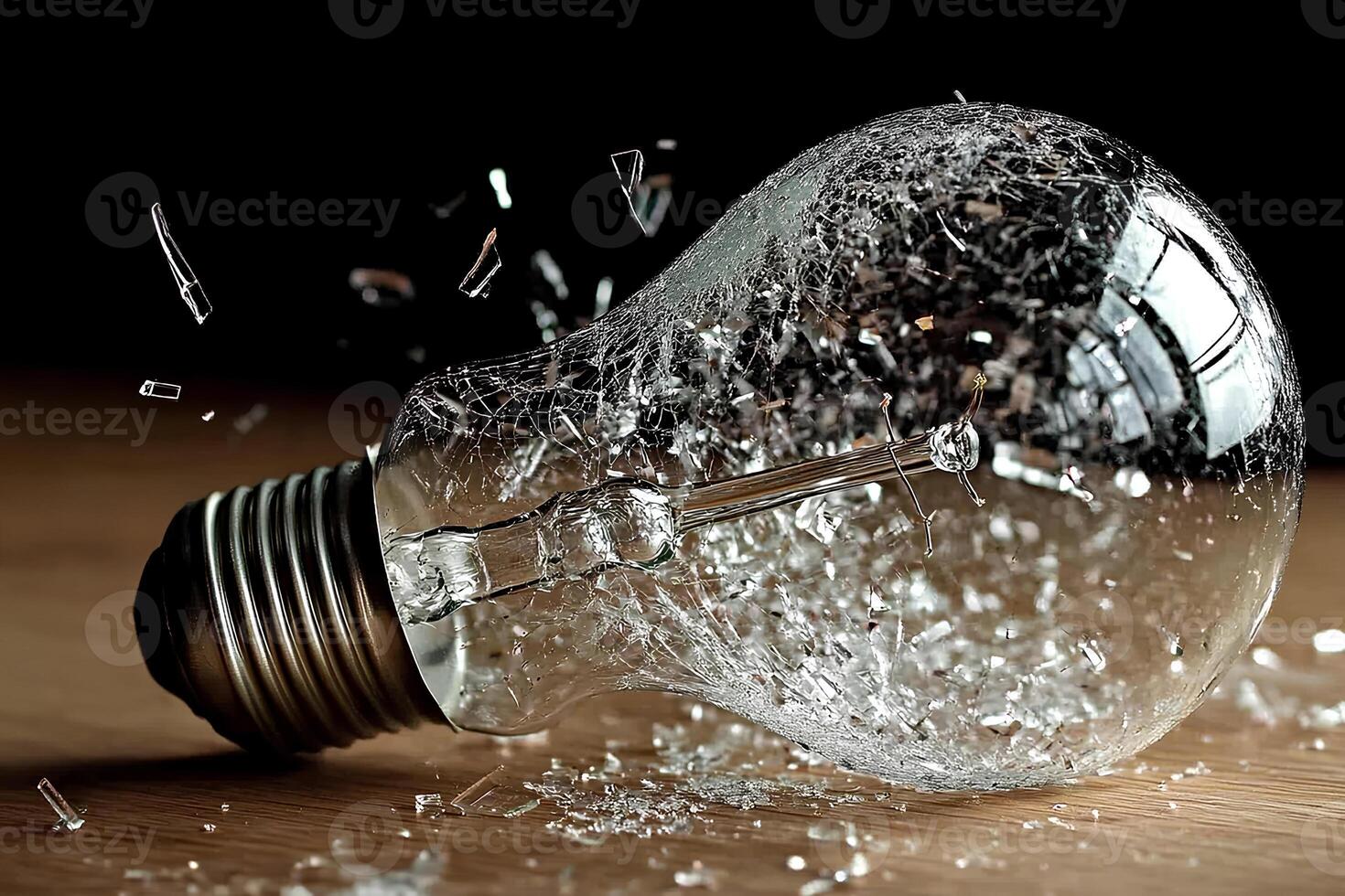 A broken light bulb on a wooden table, symbolizing the disruption of an idea, yet also representing creativity and innovation in a subtle way photo