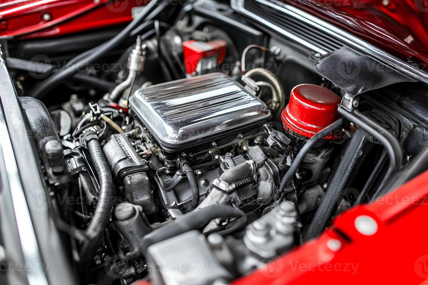 Detailed close-up of the engine of a red vintage car, showcasing mechanical parts and classic design photo