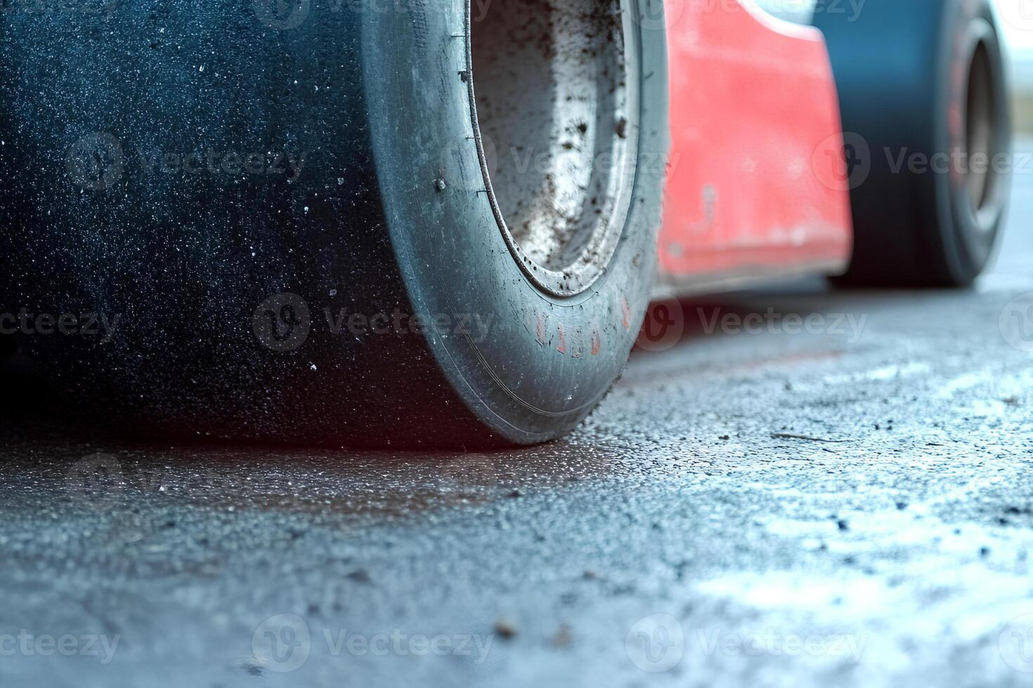 Close-up of a car's tires firmly gripping the tarmac, ready for acceleration photo