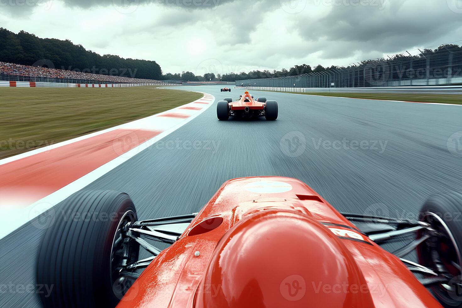 A race between F1 cars speeding through the Silverstone circuit, showcasing intense competition and motion photo