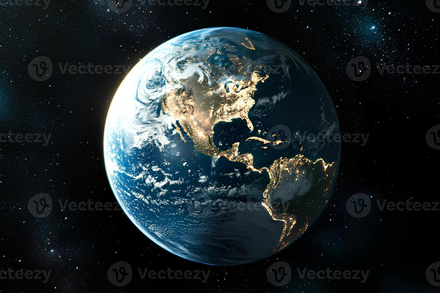 A detailed view of Earth from space, showcasing the intricate surface features such as continents, oceans, and cloud formations photo
