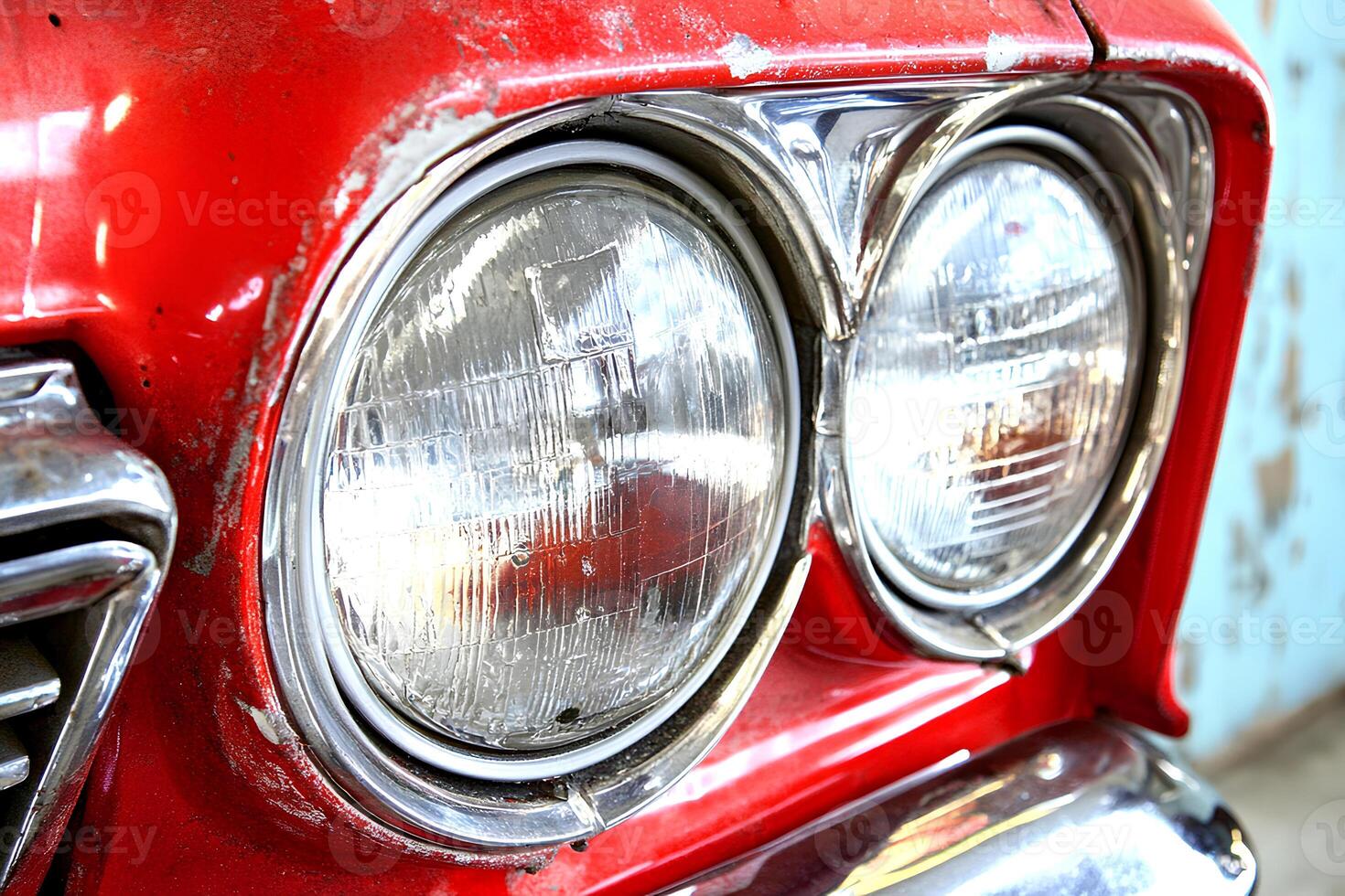 A close-up shot of the headlight of a vintage red car, showcasing its intricate details and classic design photo
