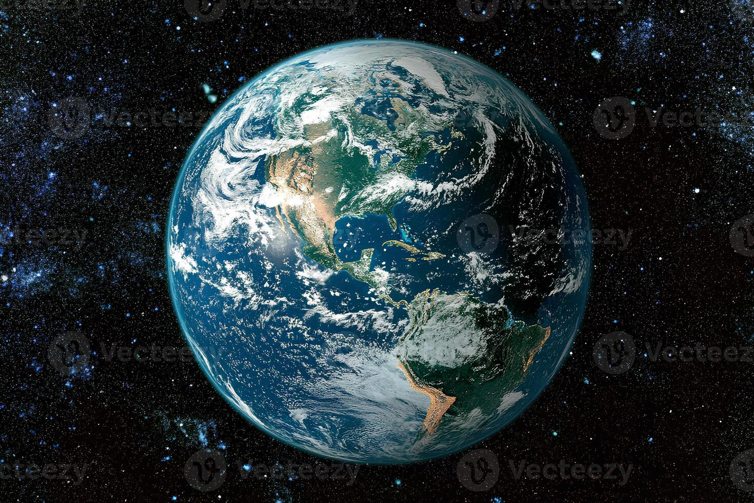 View of Planet Earth from space showing the highly detailed surface, continents, and oceans photo