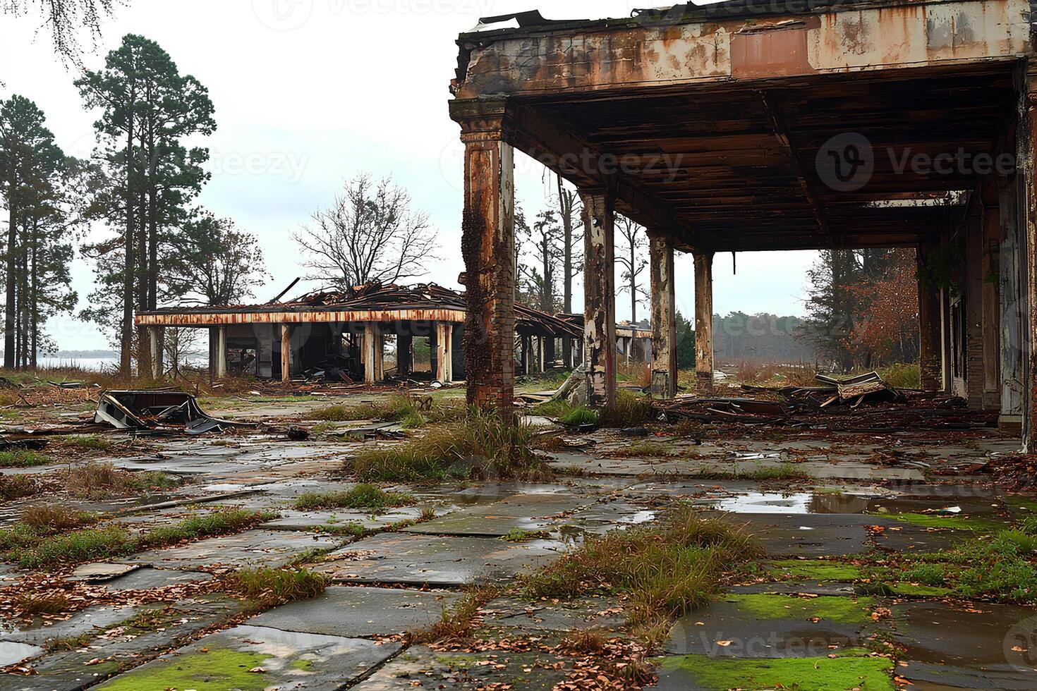 The remains of a collapsed gas station in the distance, showcasing decay and abandonment photo