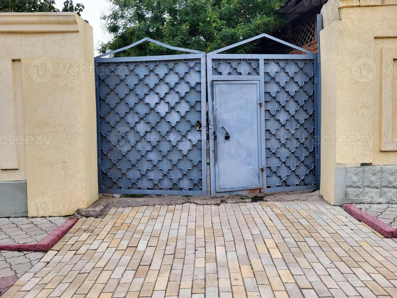 There are grey iron gates with forged elements on the street. photo