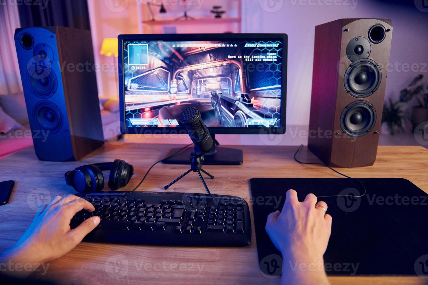 A person is playing a game on a computer photo