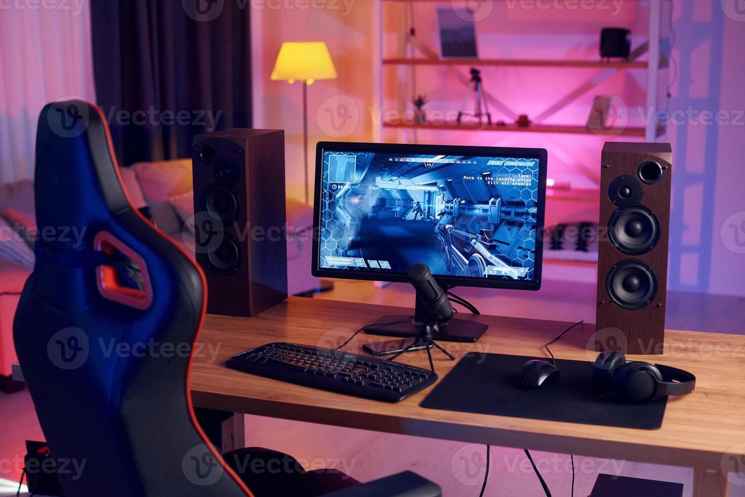 A gaming computer is sitting on a desk photo