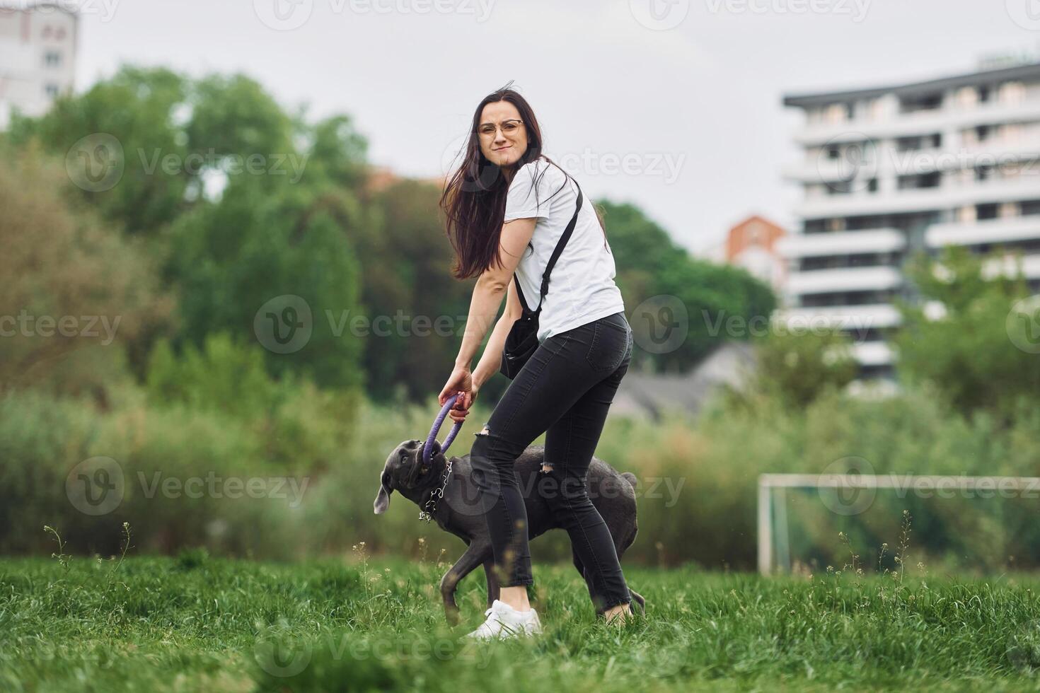 A woman is walking her dog in a park photo