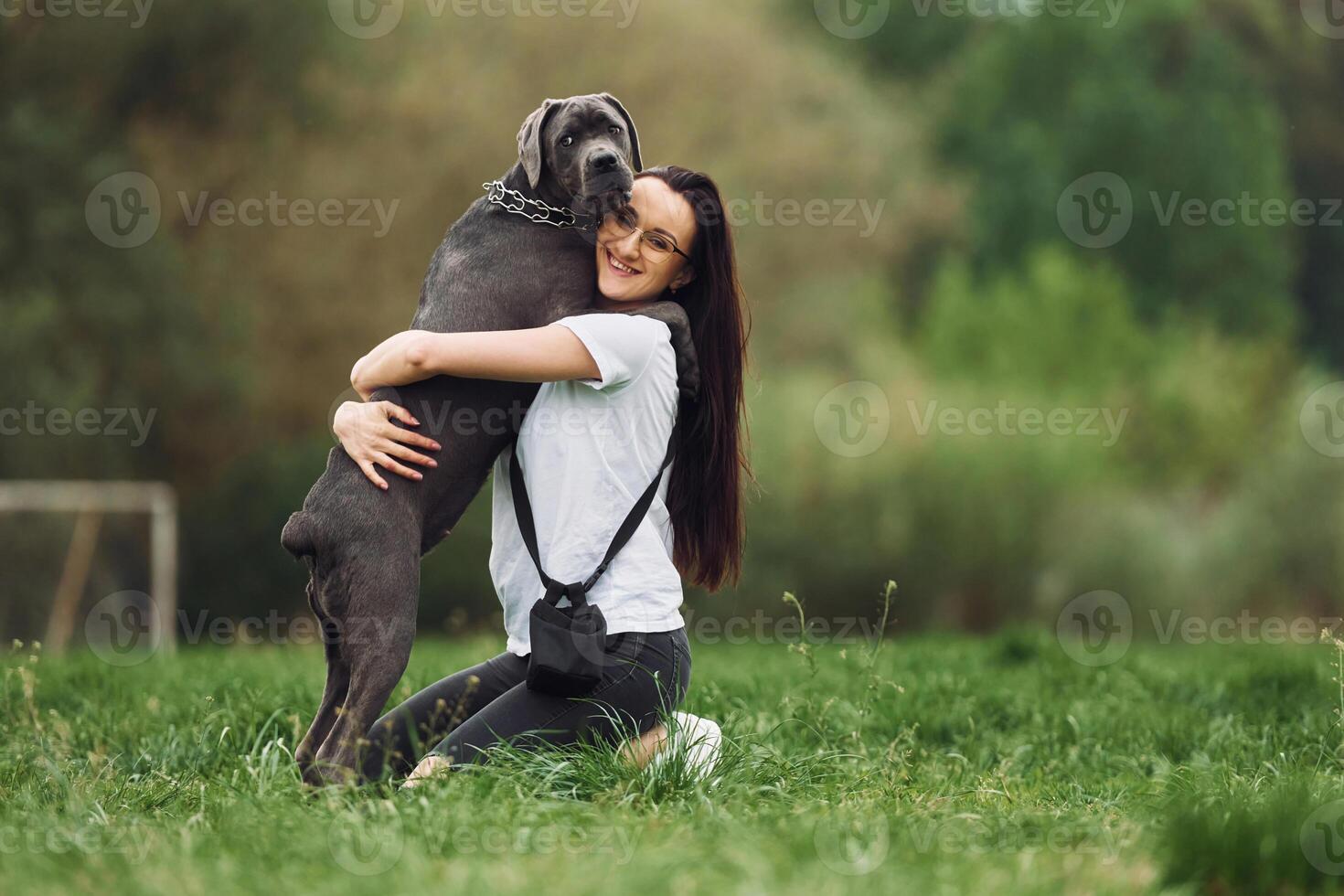 A woman is hugging a large dog in the grass photo