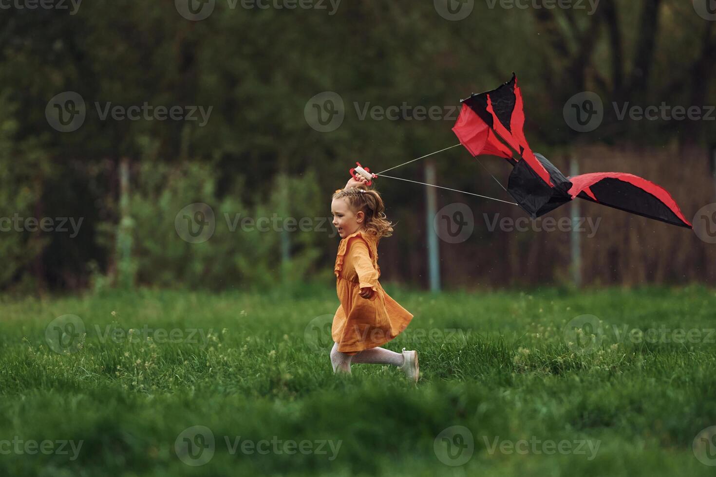 A little girl running in the grass with a kite photo