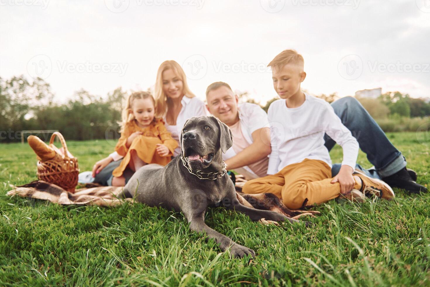 A family sitting on the grass with their dog photo