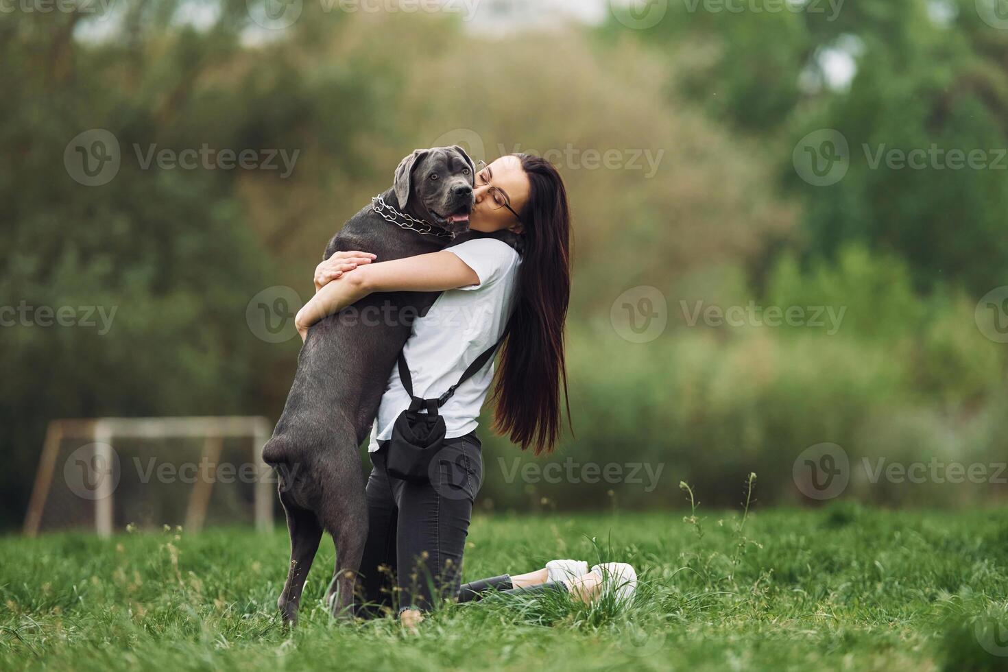 A woman is hugging a large dog in a field photo