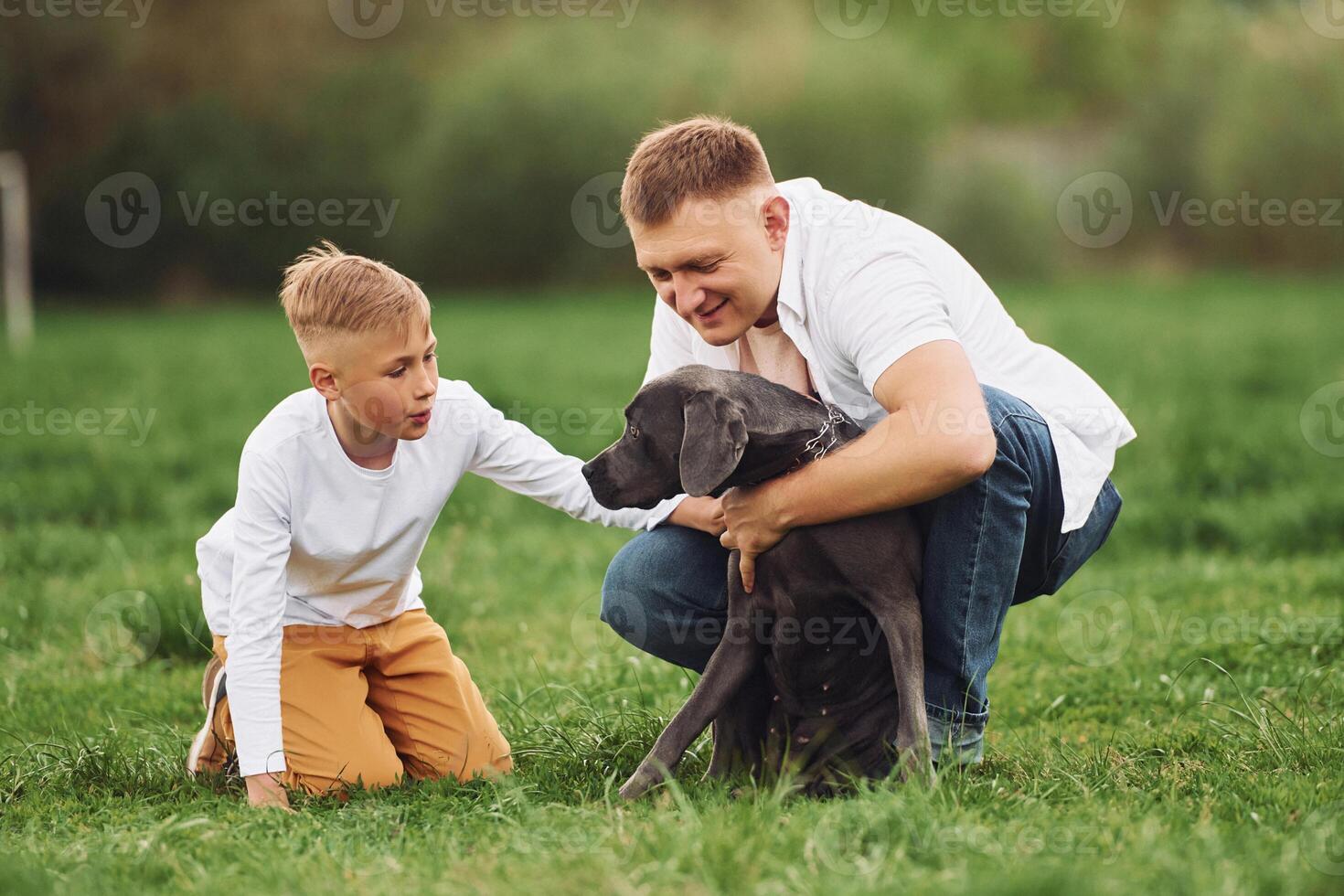A man and boy are playing with a dog in the grass photo