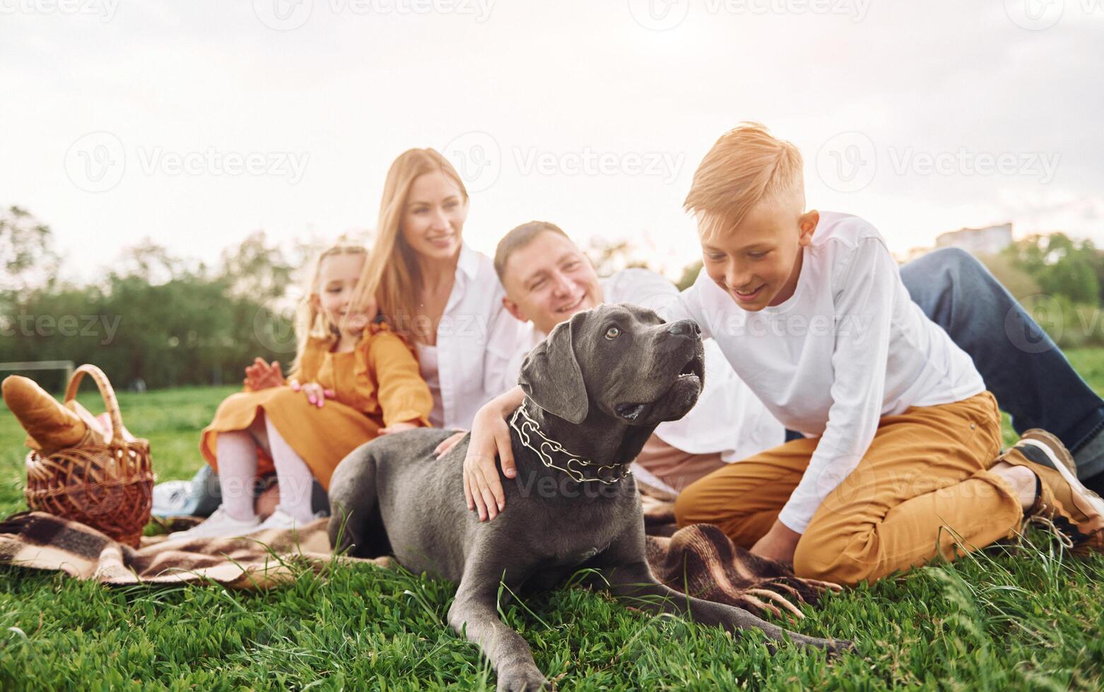 A family sitting on the grass with their dog photo