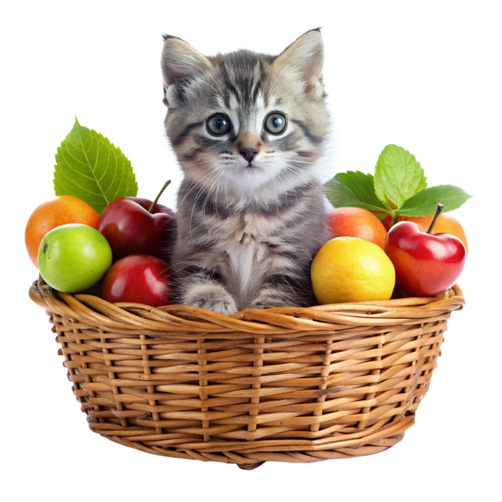 a cat setting inside basket with fruits is isolated on transparent background png