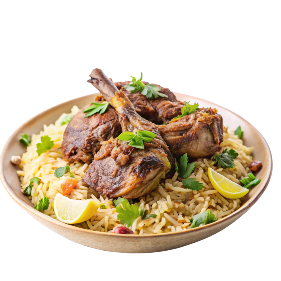 Ramadan Kareem afar dish of tasty baryani is isolated on transparent background png