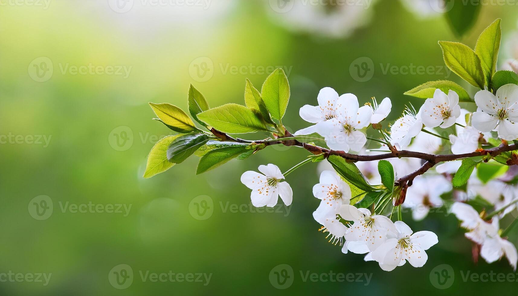 Spring Tree Branch with Flowers on Blurry Background photo