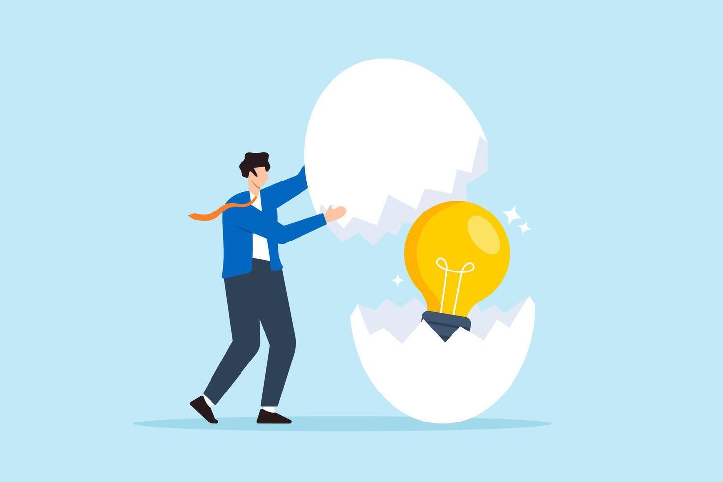 Flat illustration businessman lifting cracked eggshell revealing glowing lightbulb inside symbolizing startup idea vector