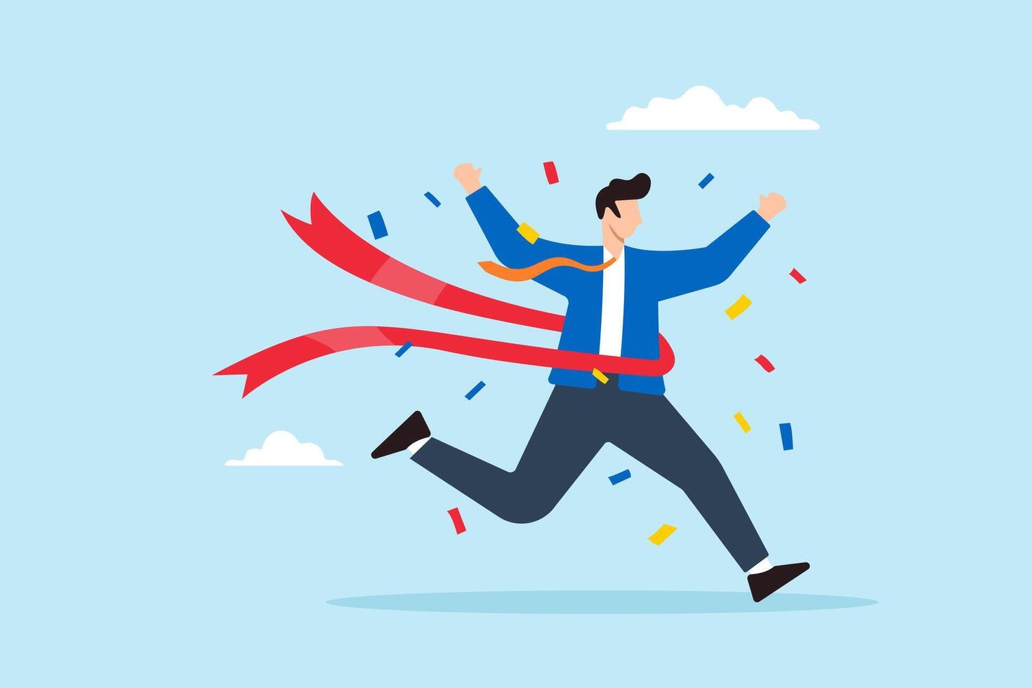 Flat illustration businessman crosses finish line with confetti celebrating victory and business success vector