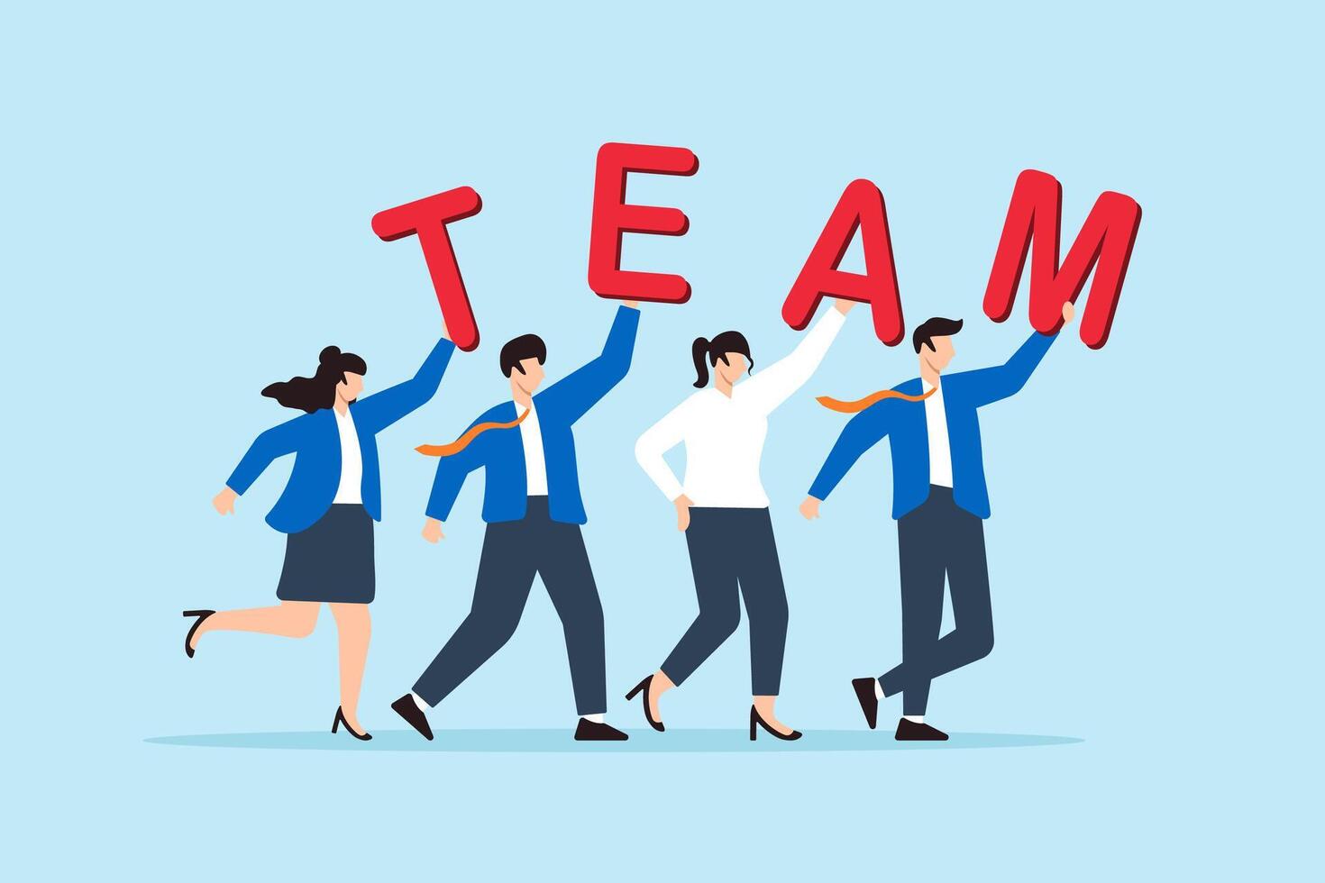Flat illustration business people walk together holding word TEAM symbolizing teamwork and success vector