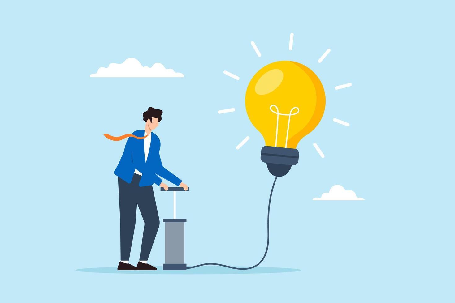 Flat illustration businessman air pump inflate big lightbulb symbolizing idea creation and innovation vector