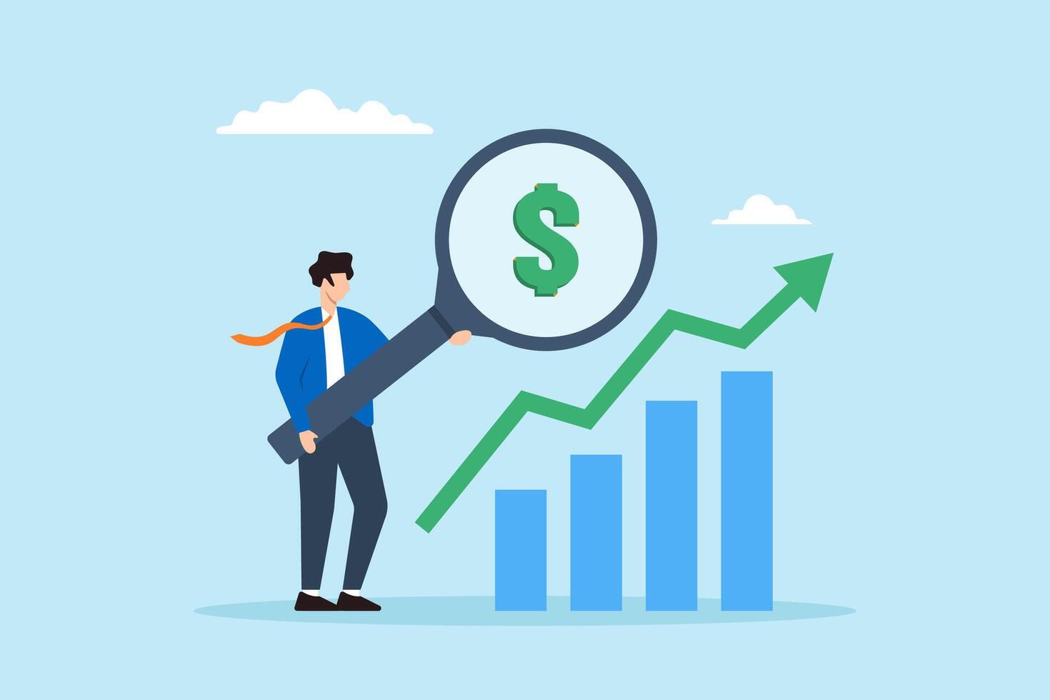 Flat illustration businessman examine dollar sign with magnifying glass analyzing revenue growth chart vector