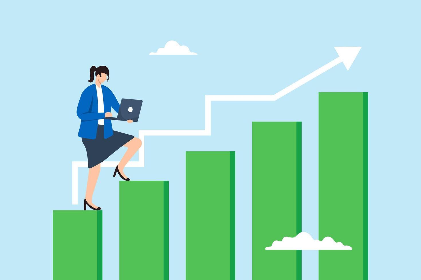 Flat illustration businesswoman walk up growing bar chart column while working on laptop symbolizing career growth vector