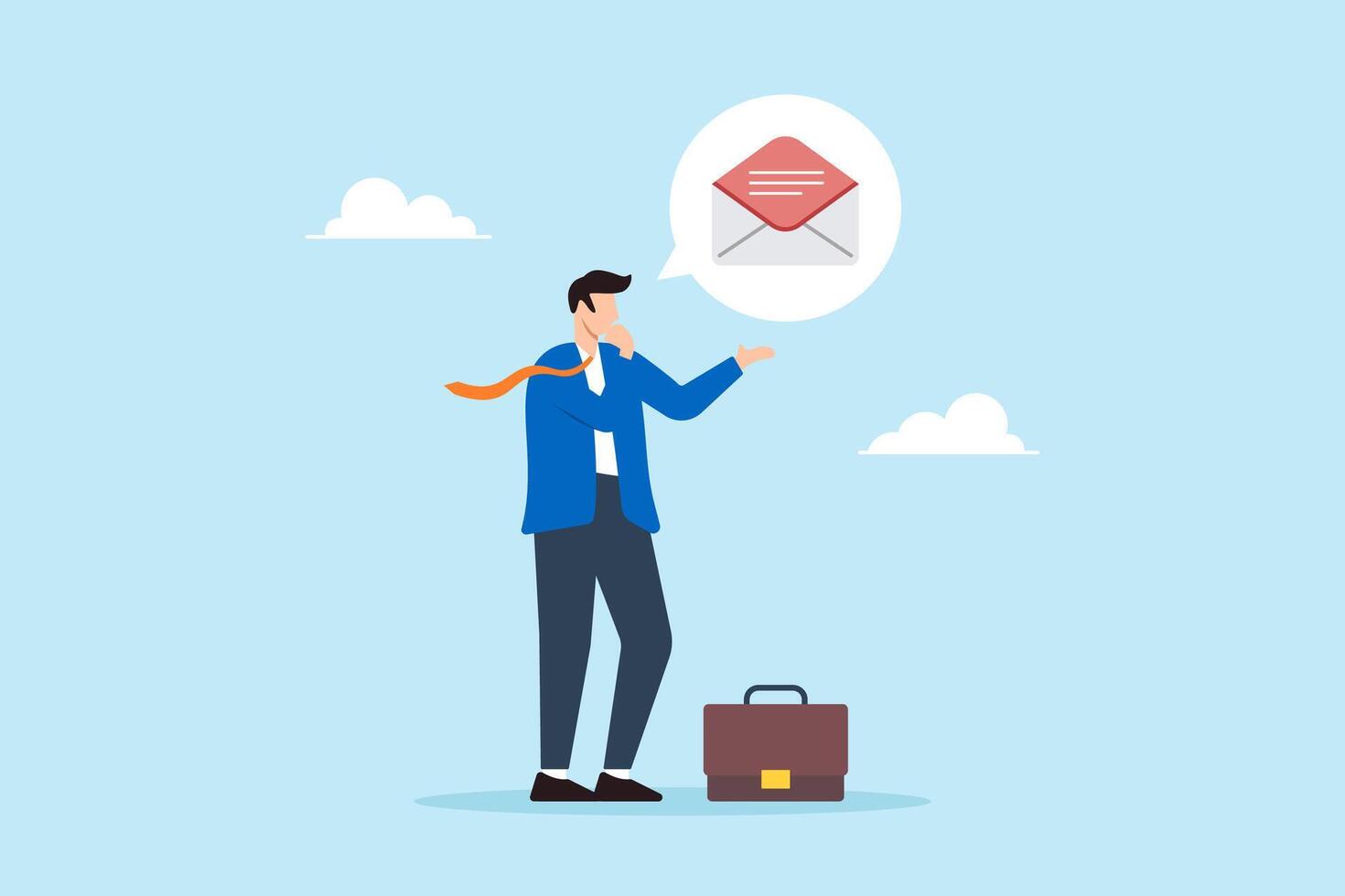 Flat illustration businessman candidate think about accepting job offer in email envelope symbolizing recruitment human resource vector