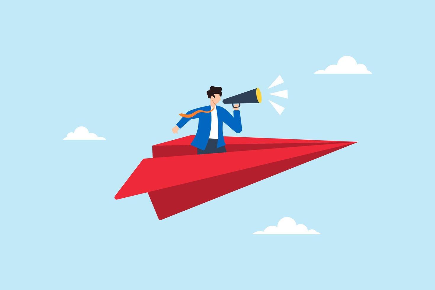 Flat illustration businessman shout through megaphone on red origami airplane announcing marketing message vector