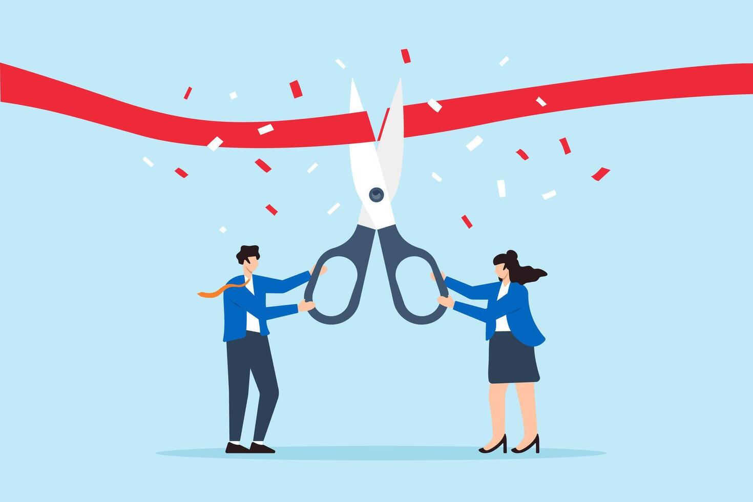 Flat illustration businessman and businesswoman hold scissor cut red ribbon with confetti symbolizing launch new company vector