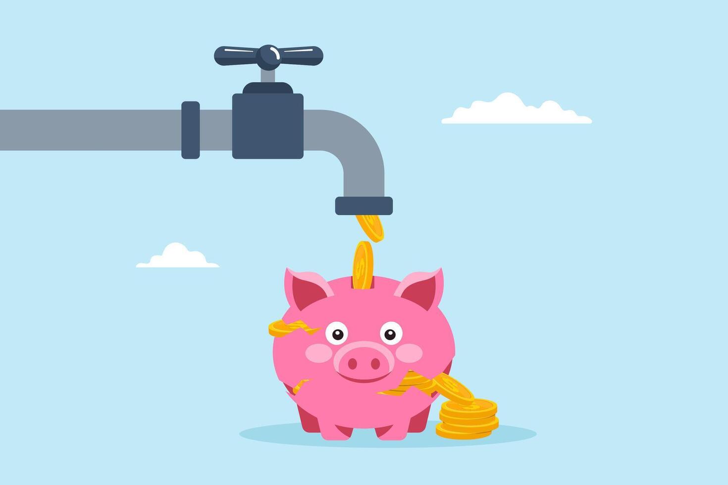 Flat illustration faucet leak money into broken piggy bank symbolizing financial loss and overspending vector