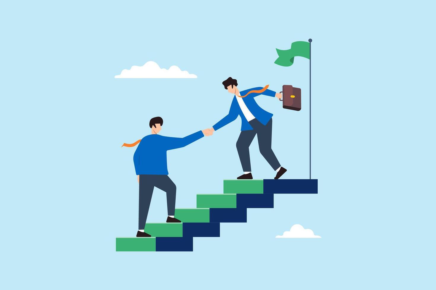 Flat illustration business leader help employee climb top stair with green flag symbolizing mentoring support achieving success vector