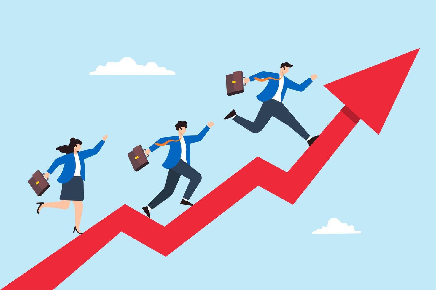 Flat illustration business people run up rising arrow symbolizing business and career growth vector
