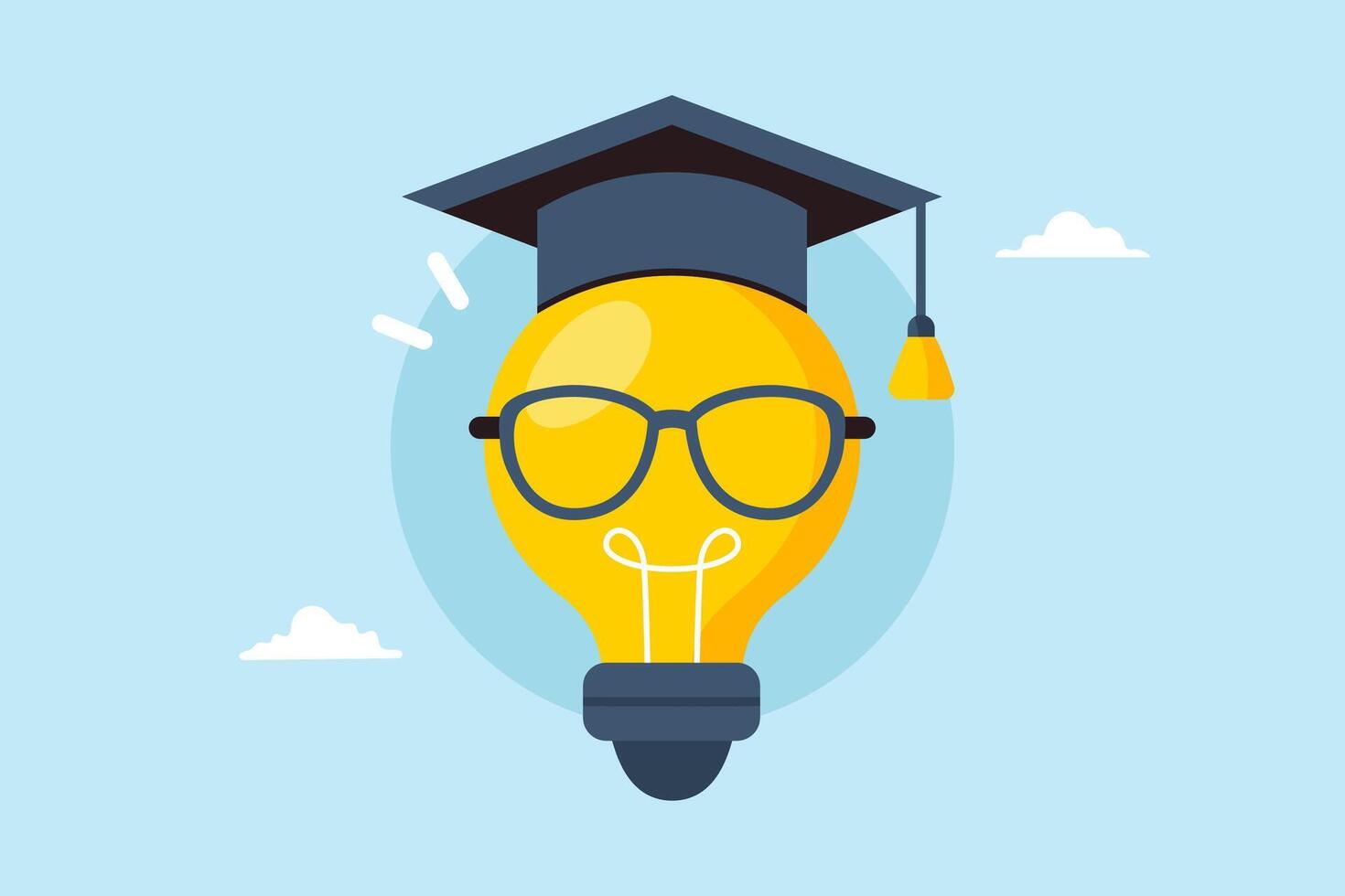 Flat illustration genius bright lightbulb wearing eyeglasses and graduation cap symbolizing knowledge and creativity vector